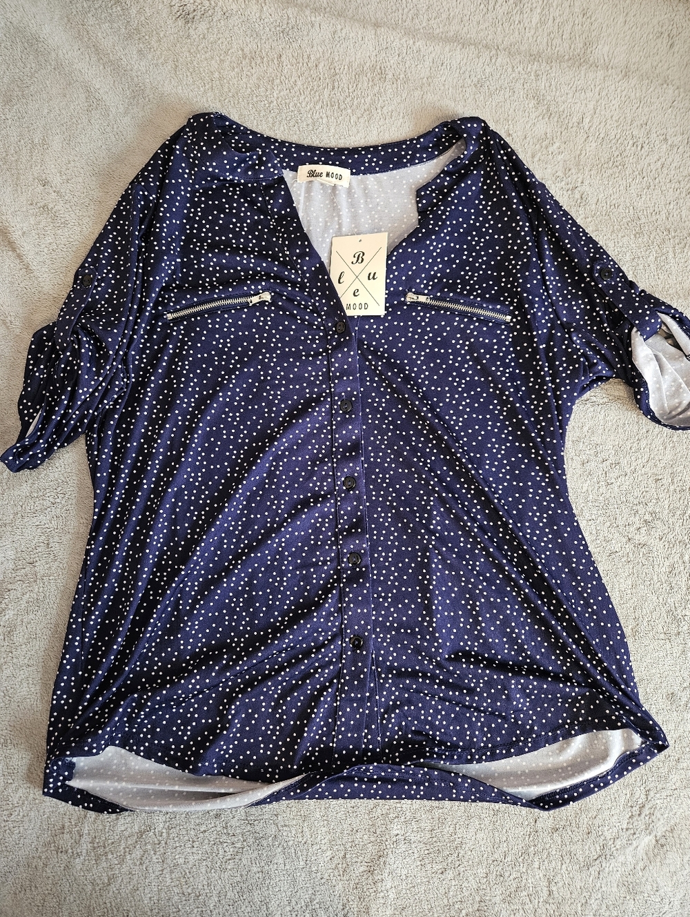 Blue Mood Navy Blue Polka Dot Button-Front Womens Top XL